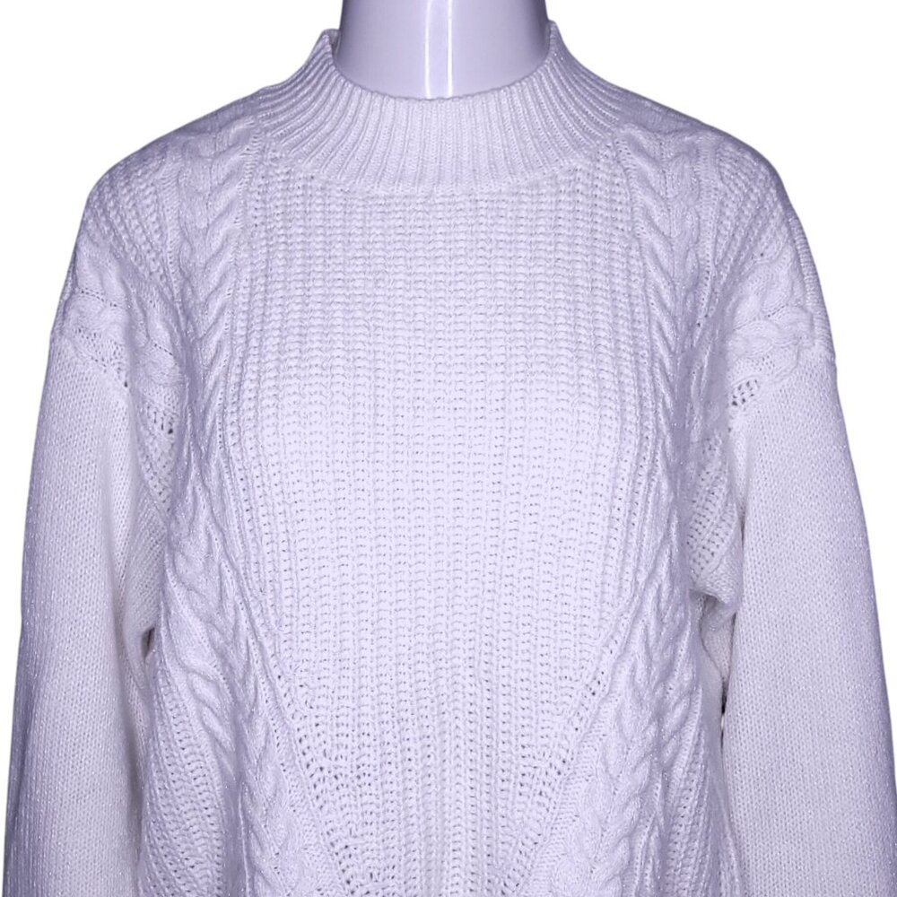 Simply Vera Vera Wang Womens XL White Cable Knit Sweater Pullover Silver Accent